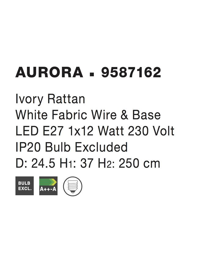 Висящо осветително тяло (пендел) AURORA 12W LED Слонова кост ратан Бял текстилен кабел