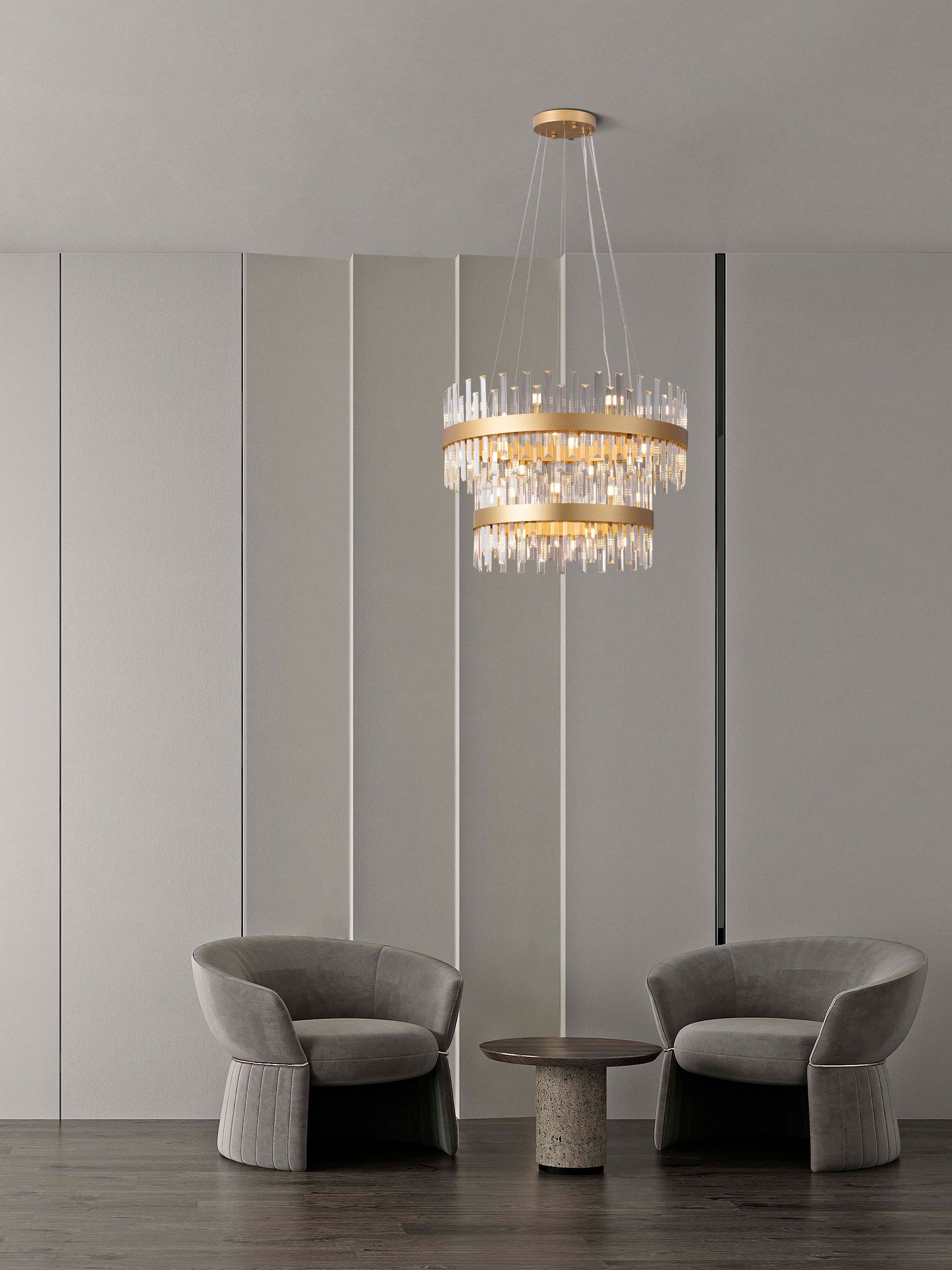 Висящо осветително тяло (пендел) CROWN G9 32x5W LED Златист метал и прозрачен кристал ⌀75 H180см без крушка