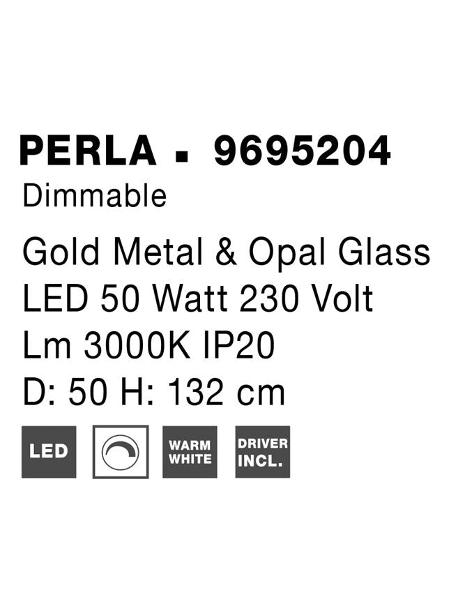 Висящо осветително тяло (пендел) PERLA 56W LED Златен метал и опалово стъкло L50 W5.3 H132см