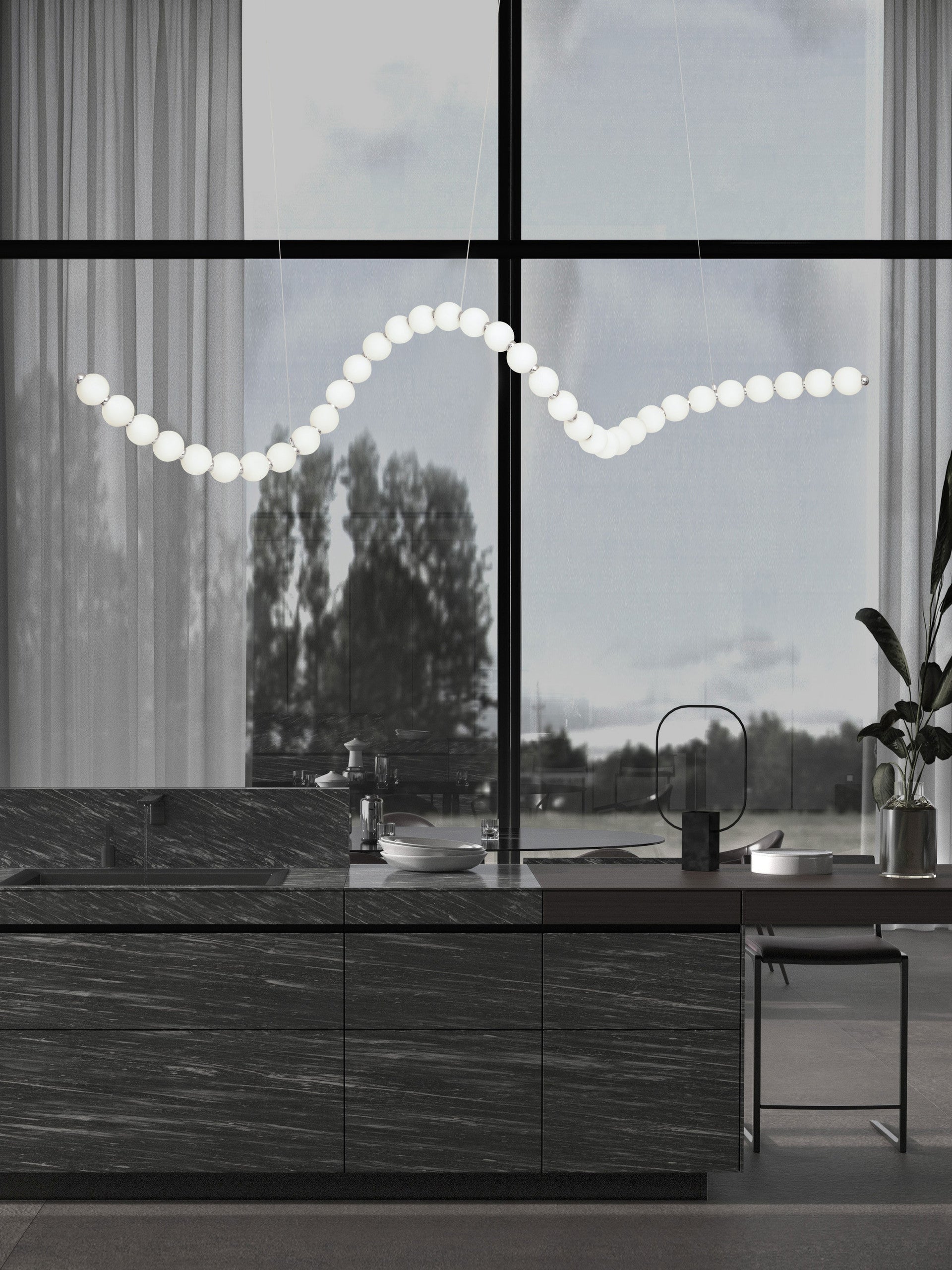 Висяща лампа PERLA 98W LED, хром, метал и опалово стъкло, Д167 Ш42 В200см, регулируема височина