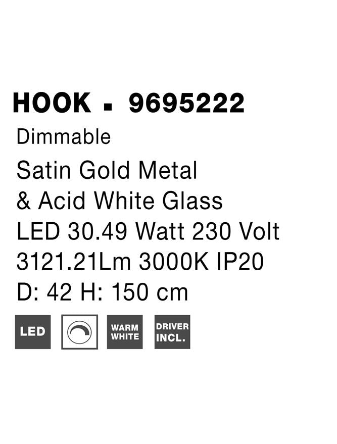 Висящо осветително тяло (пендел) HOOK LED 30W Триак димируем Златист месинг Опалово стъкло Регулируема височина ⌀42 H180см