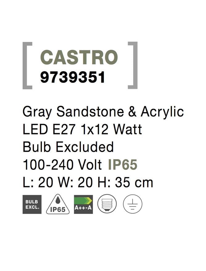 Външен аплик CASTRO 12W E27 Черен пясъчен бетон акрил IP65 L20 W20 H35см