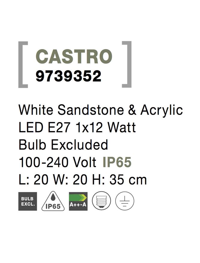 Външен аплик CASTRO 12W E27 Бял пясъчен бетон акрил IP65 L20 W20 H35см