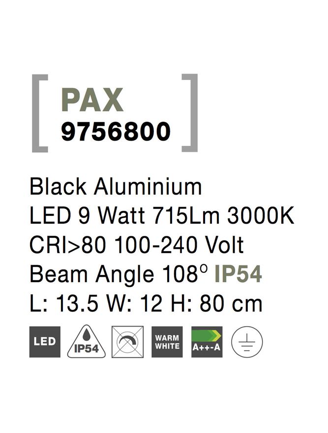 Външен аплик PAX LED 9W Тъмен антрацит алуминий L13.5 W12 H80см IP54