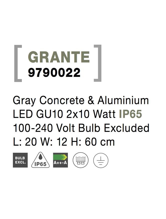 Външен аплик GRANTE 2x10W GU10 Сив пясъчен бетон алуминий IP65 L20 W12 H60см