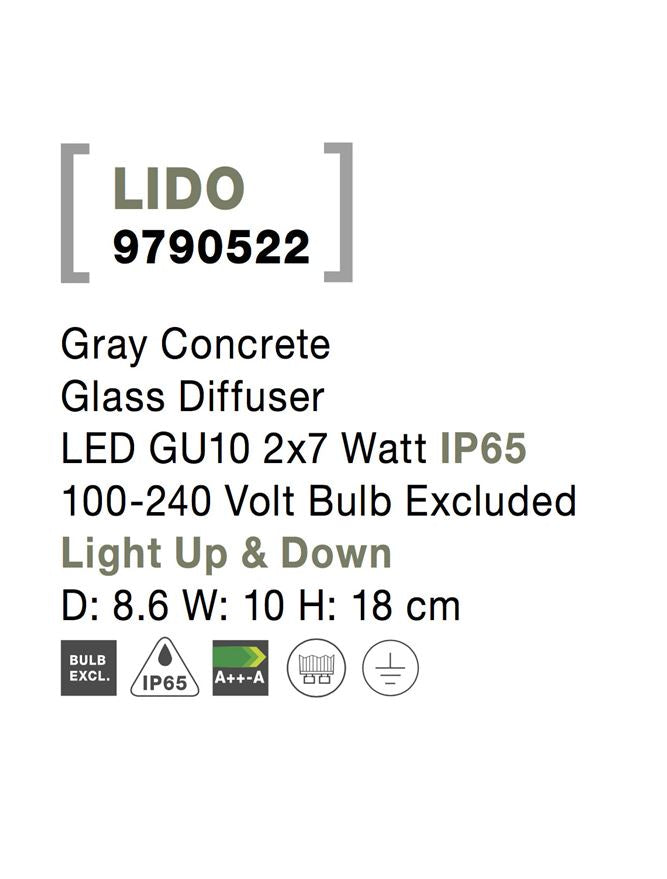 Външен аплик LIDO 2x10W GU10 Сив бетон стъкло IP65 ⬠8.6 H18см