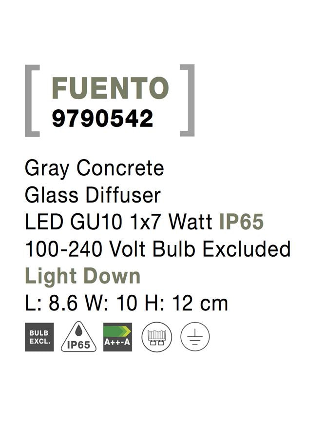 Външен аплик FUENTO 10W GU10 Сив бетон стъкло IP65 L8.6 W10 H12см