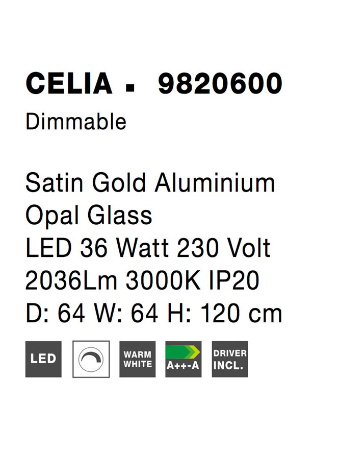 Висящо осветително тяло (пендел) CELIA 37W LED Сатен злато алуминий и опалово стъкло D64 W64 H120см Регулируема височина
