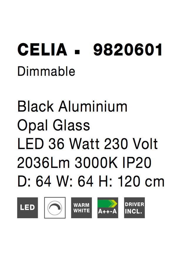 Висящо осветително тяло (пендел) CELIA 37W LED Черен алуминий и опалово стъкло D64 W64 H120см Регулируема височина