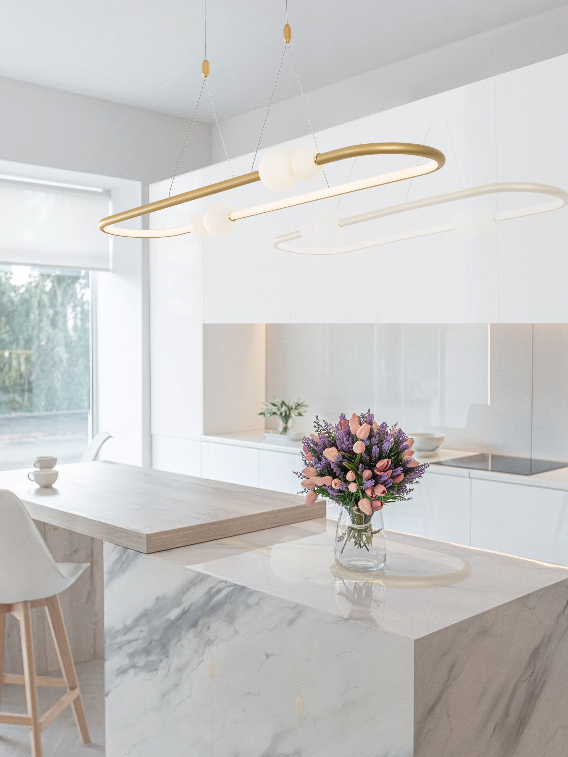 Висящо осветително тяло (пендел) CELIA 45W LED Сатен злато алуминий и опалово стъкло L100 W29 H120см Регулируема височина