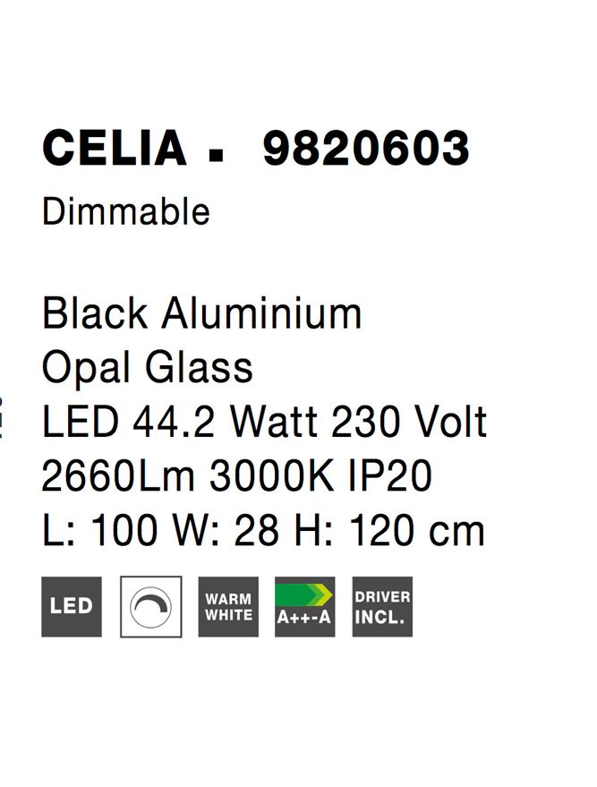 Висящо осветително тяло (пендел) CELIA 45W LED Черен алуминий и опалово стъкло L100 W29 H120см Регулируема височина