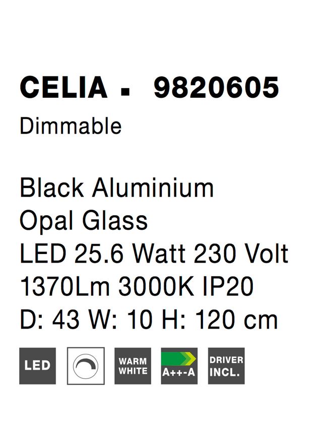Висящо осветително тяло (пендел) CELIA 29W LED Черен алуминий и опалово стъкло D43 W10 H120см Регулируема височина