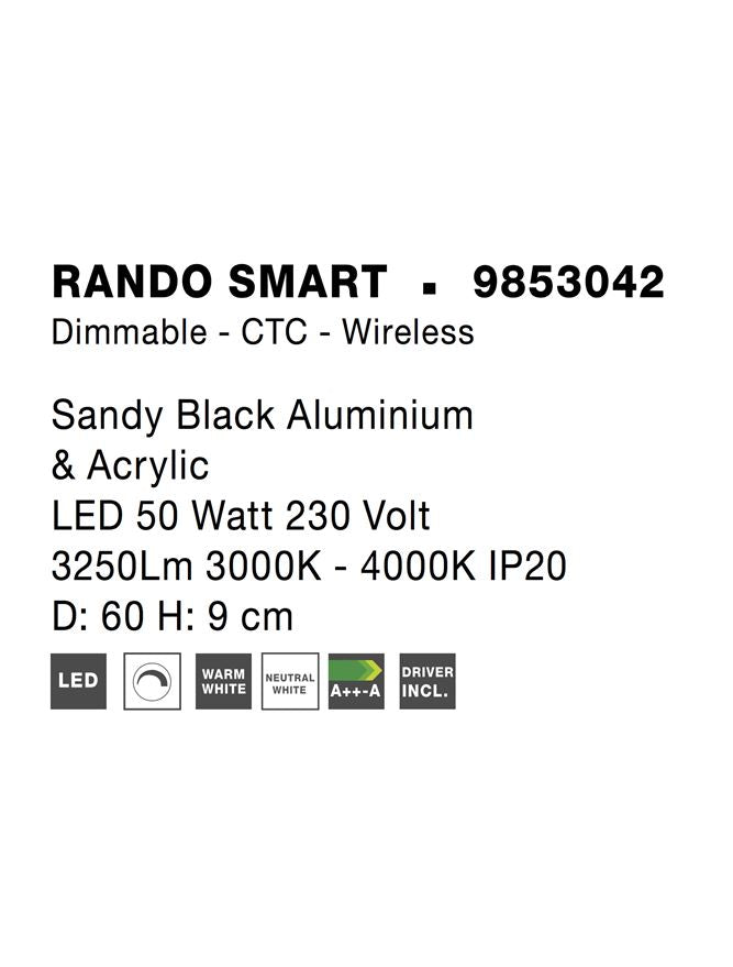 Висящо осветително тяло (пендел) RANDO SMART 50W Матово черен алуминий и акрил CCT Димируем