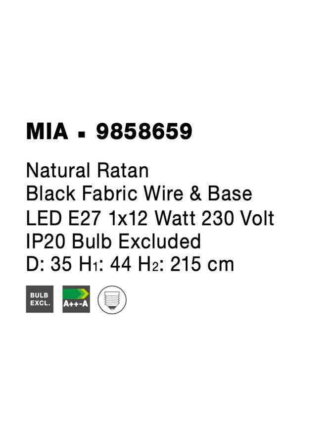 Висящо осветително тяло (пендел) MIA 12W LED Натурален ратан Черен текстилен кабел