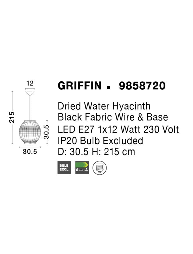 Висящо осветително тяло (пендел) GRIFFIN 12W LED Сушен воден хиацинт Черен текстилен кабел