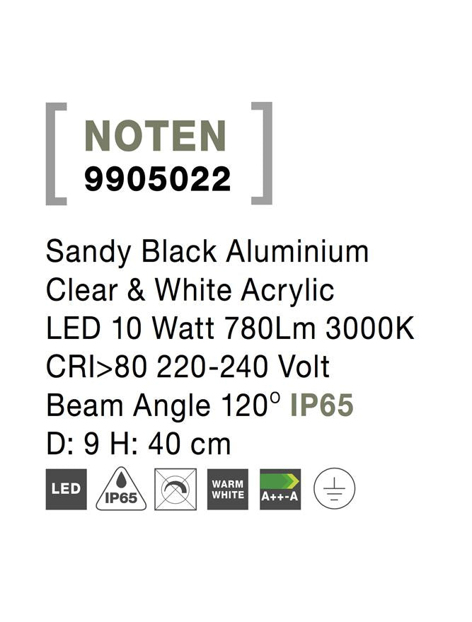 Външен аплик NOTEN LED 8W Пясъчно черен алуминий с прозрачен и бял акрил ⌀9 H40см IP65