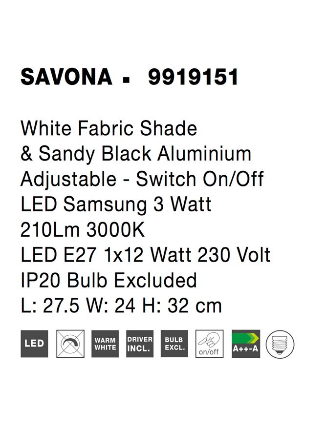 Висящо осветително тяло (пендел) SAVONA LED 15W Пясъчно черен алуминий и бял текстилен абажур