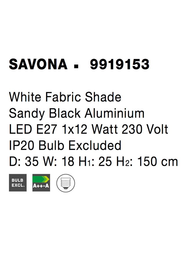 Висящо осветително тяло (пендел) SAVONA LED 12W Пясъчно черен алуминий и бял текстилен абажур