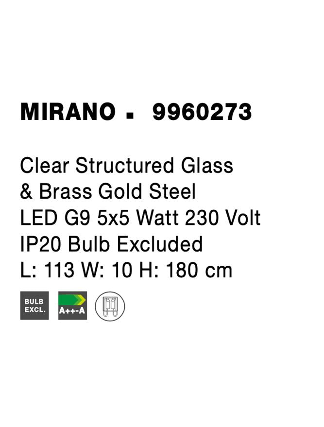 Висящо осветително тяло (пендел) MIRANO LED 25W G9 Златист месинг Прозрачно структурирано стъкло Регулируема височина L113 W10 H180см