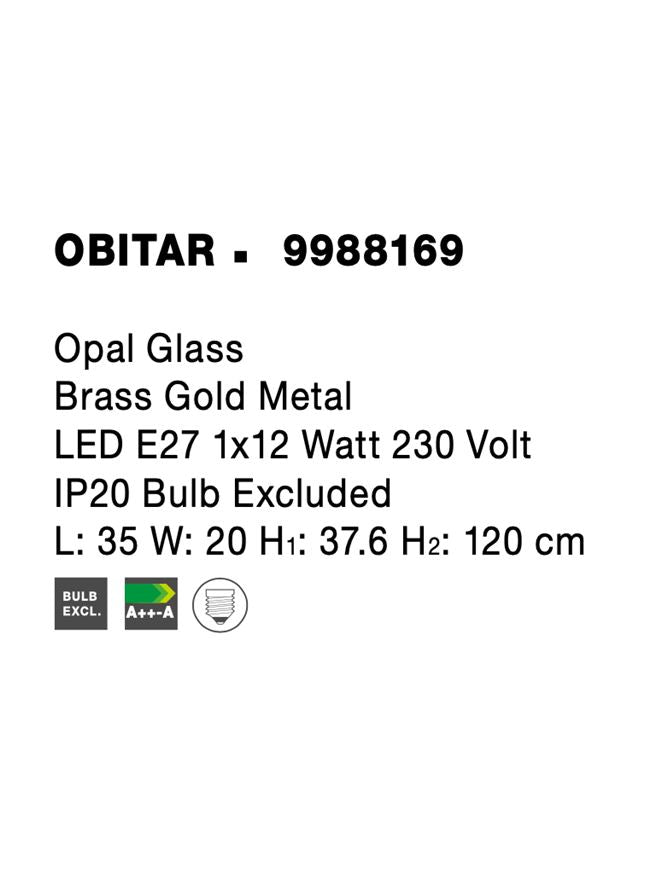 Висящо осветително тяло (пендел) OBITAR 1x12W E27 Златист месинг метал опалово стъкло L35 W20 H37.6/120см Регулируема височина