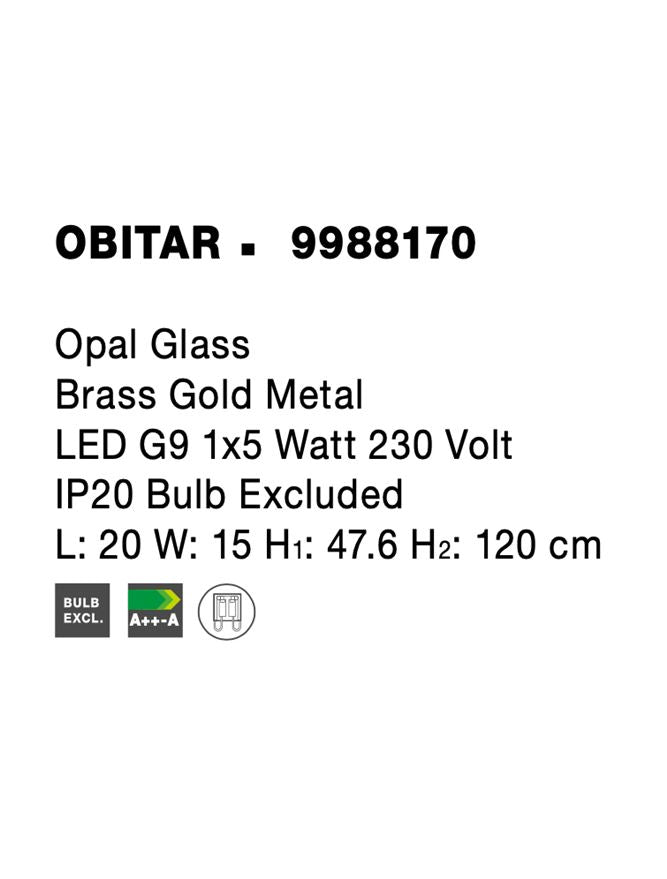 Висящо осветително тяло (пендел) OBITAR 1x5W G9 Златист месинг метал опалово стъкло L20 W15 H47.6/120см Регулируема височина
