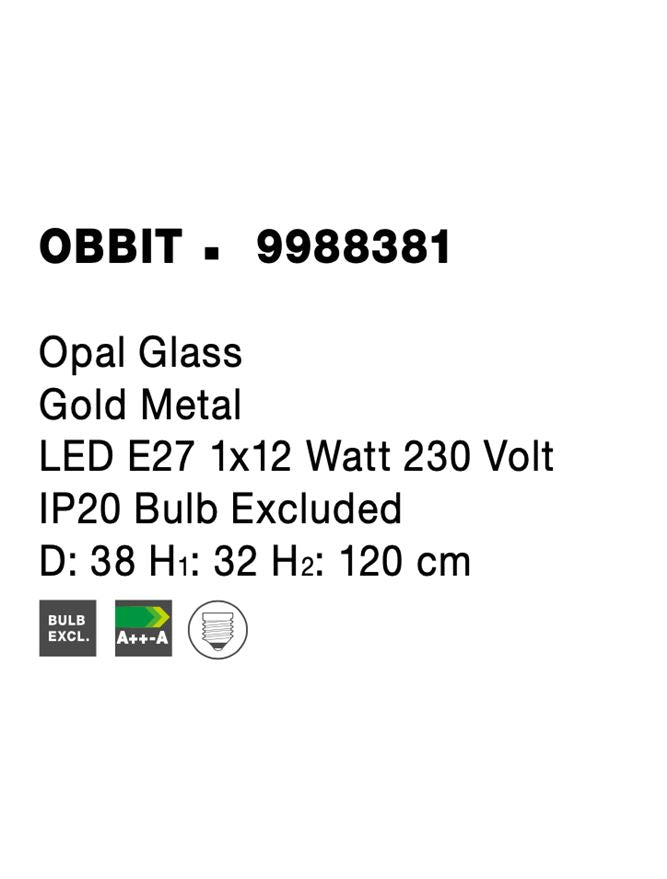 Висящо осветително тяло (пендел) OBBIT 1x12W E27 Златен метал опалово стъкло ⌀38 H32/120см Регулируема височина