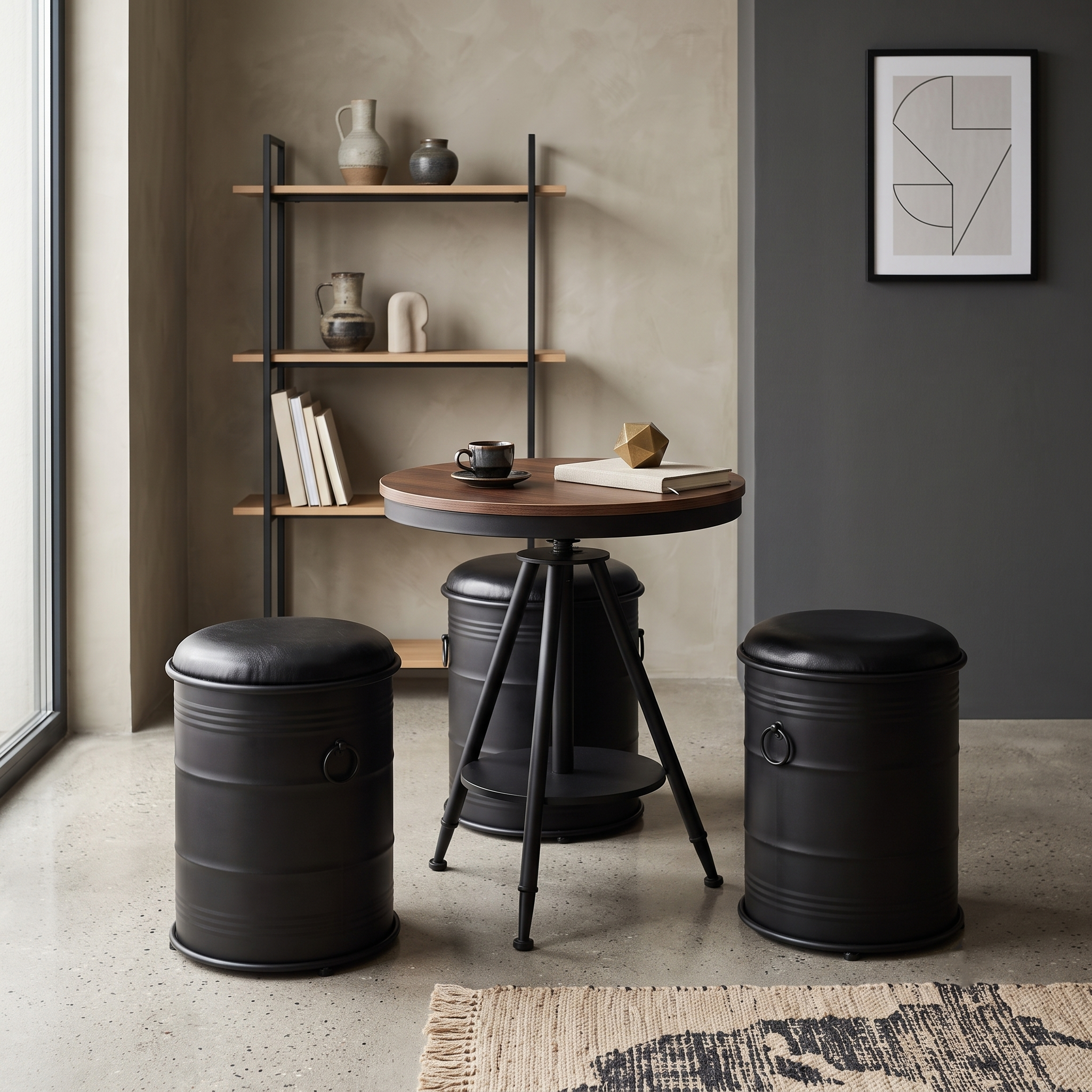 Индустриален комплект маса с 3 табуретки Barrel