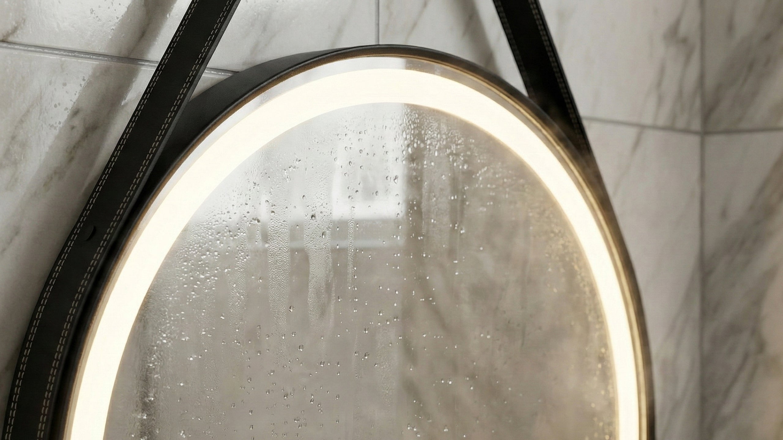 Кръгло LED огледало Leather | Кожен колан | 60cm | Anti Fog | Touch Control