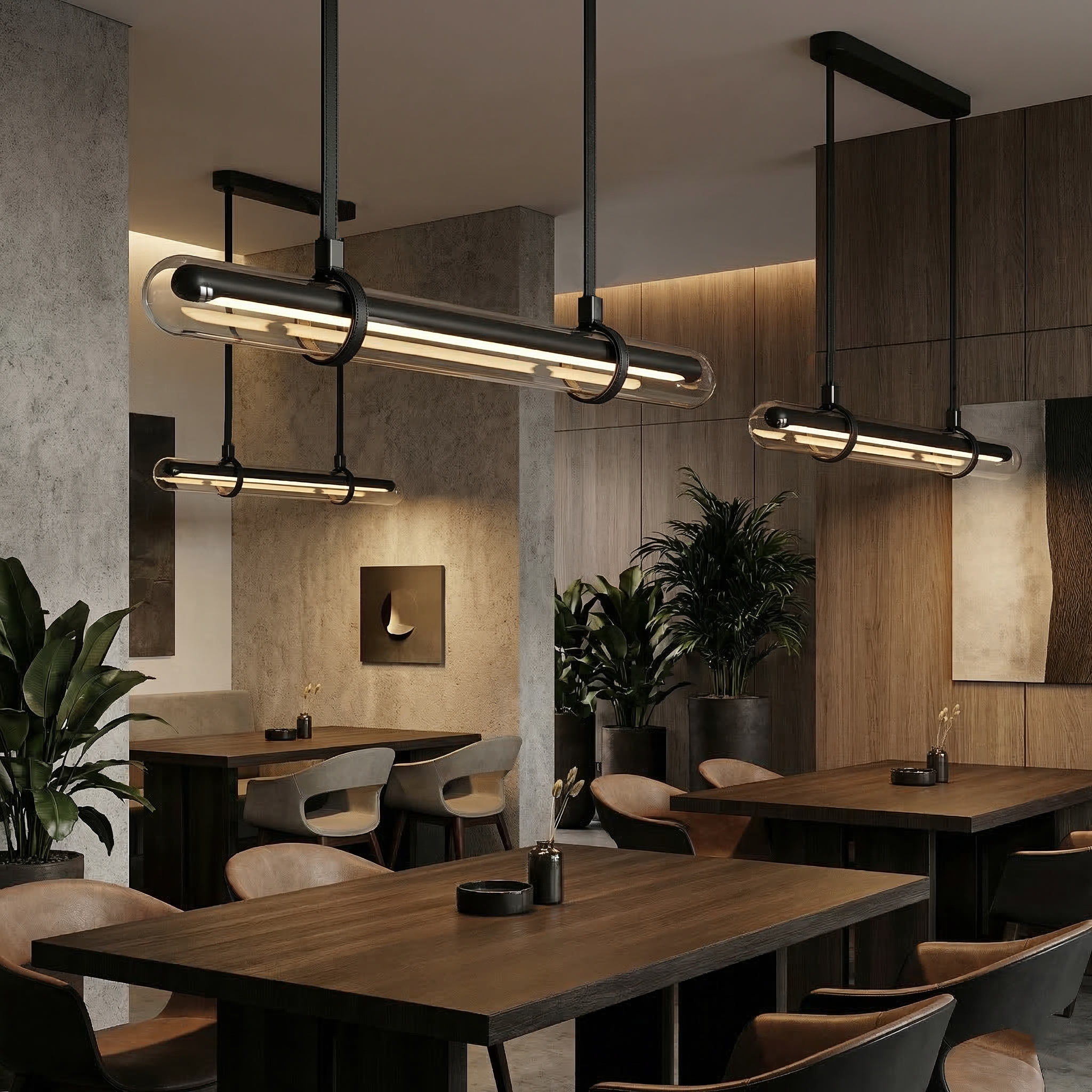 Висяща LED лампа Bar | Стъклен цилиндър | Кожени окачвачи | 3000K
